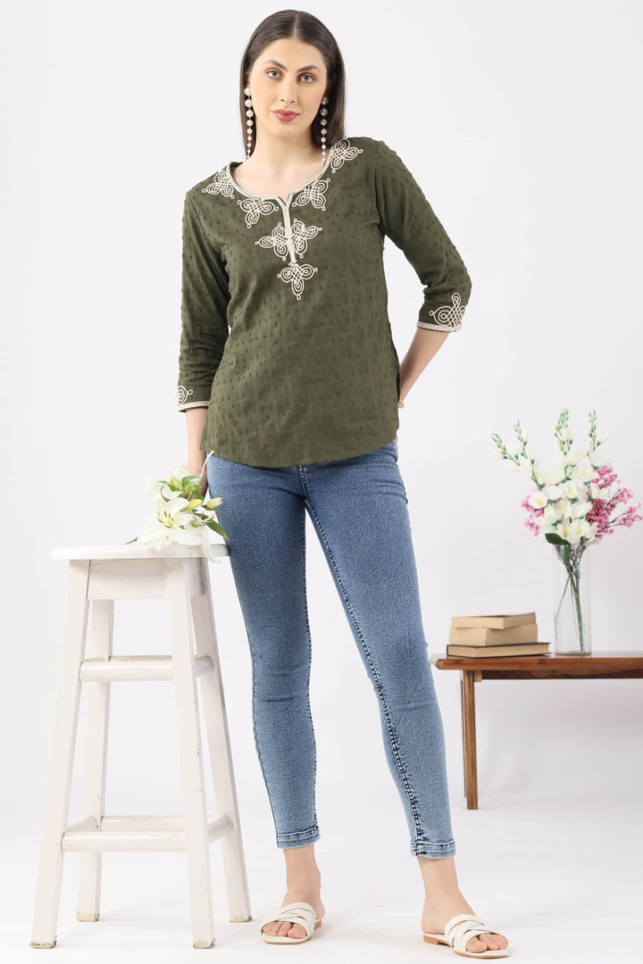 Olive Green Embroidered Rayon Dobby Top