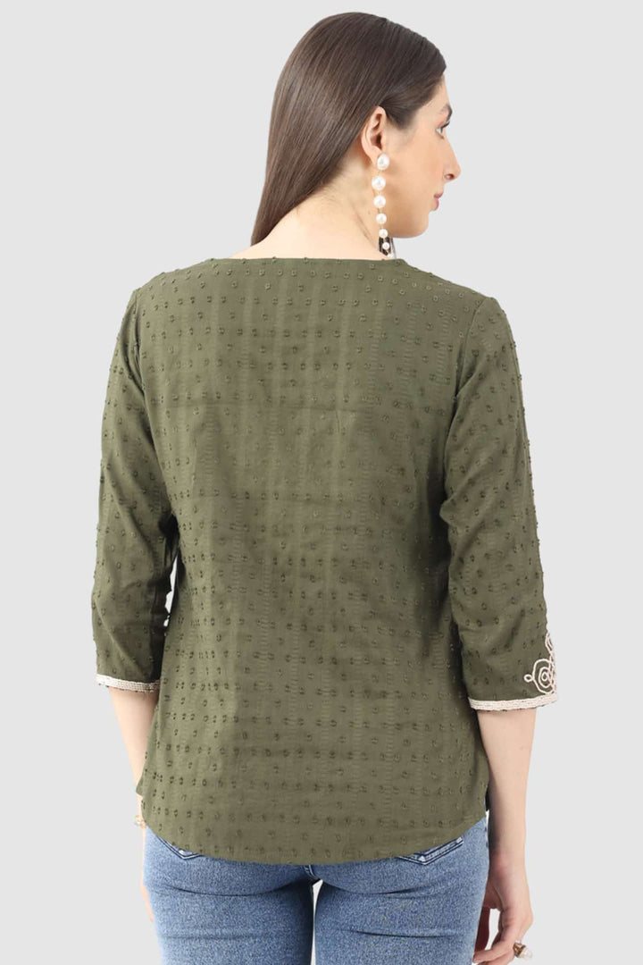 Olive Green Embroidered Rayon Dobby Top