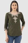 Olive Green Embroidered Rayon Dobby Top