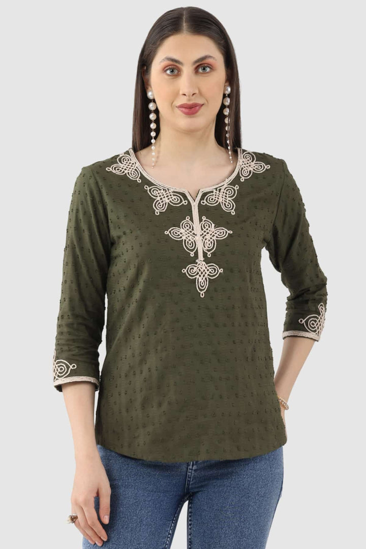 Olive Green Embroidered Rayon Dobby Top