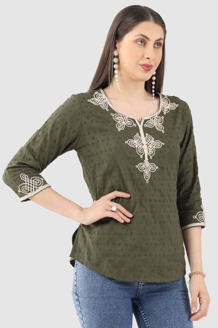 Olive Green Embroidered Rayon Dobby Top