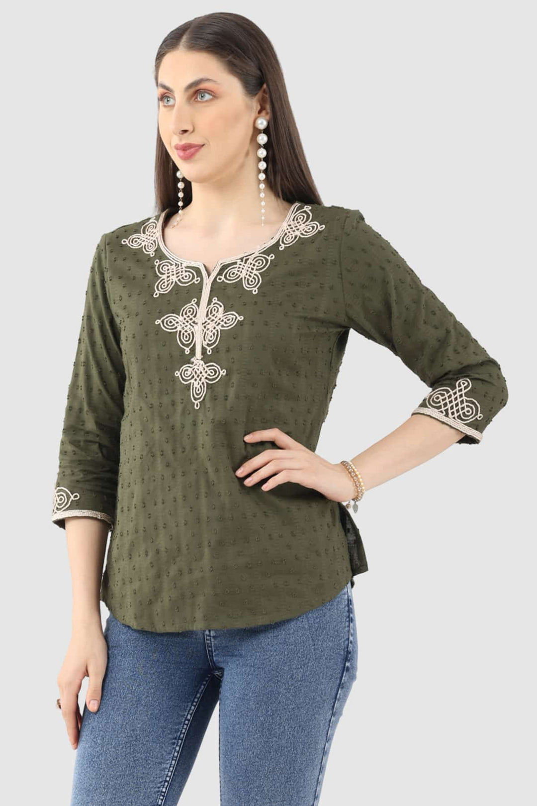 Olive Green Embroidered Rayon Dobby Top