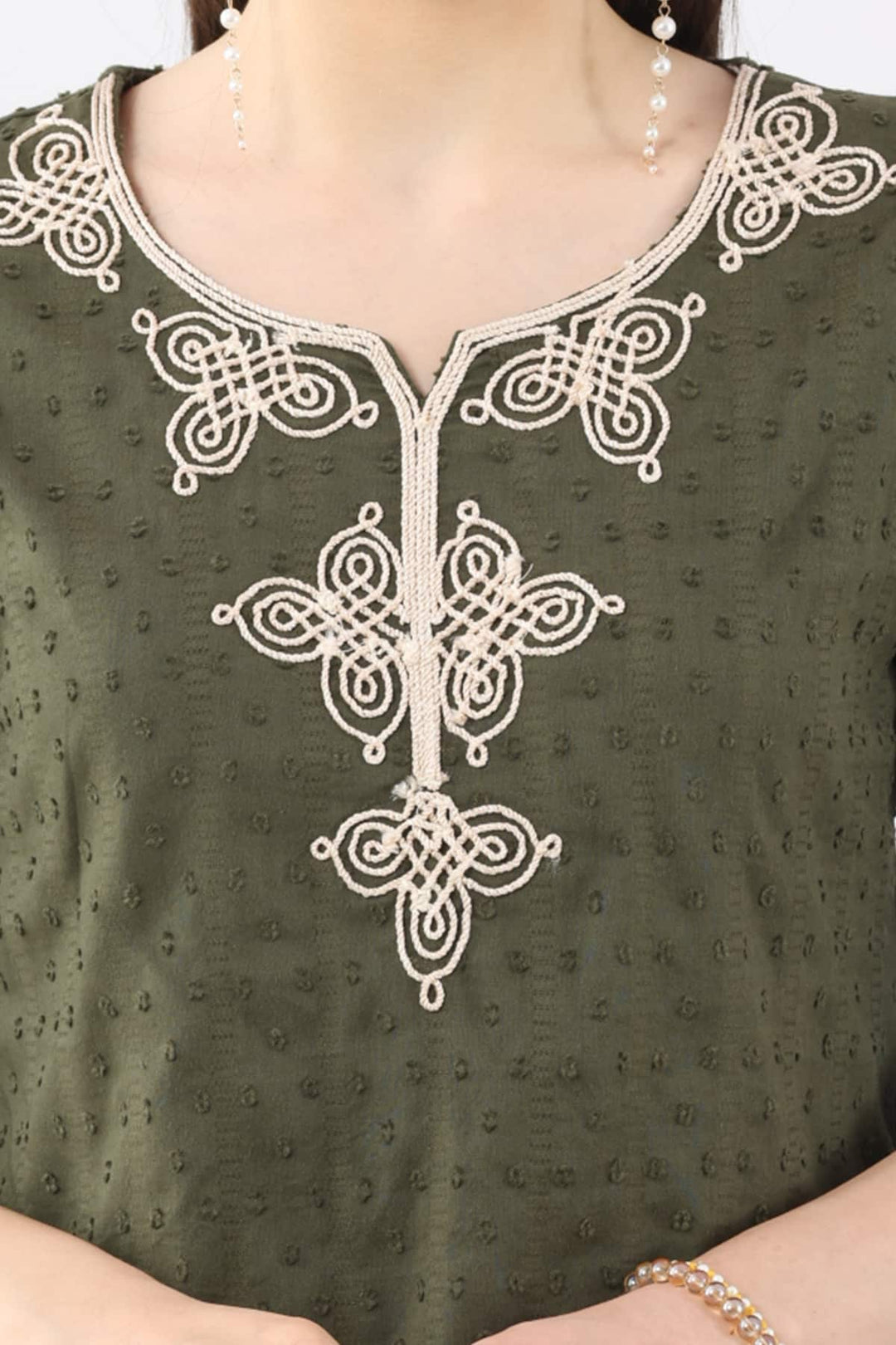 Olive Green Embroidered Rayon Dobby Top