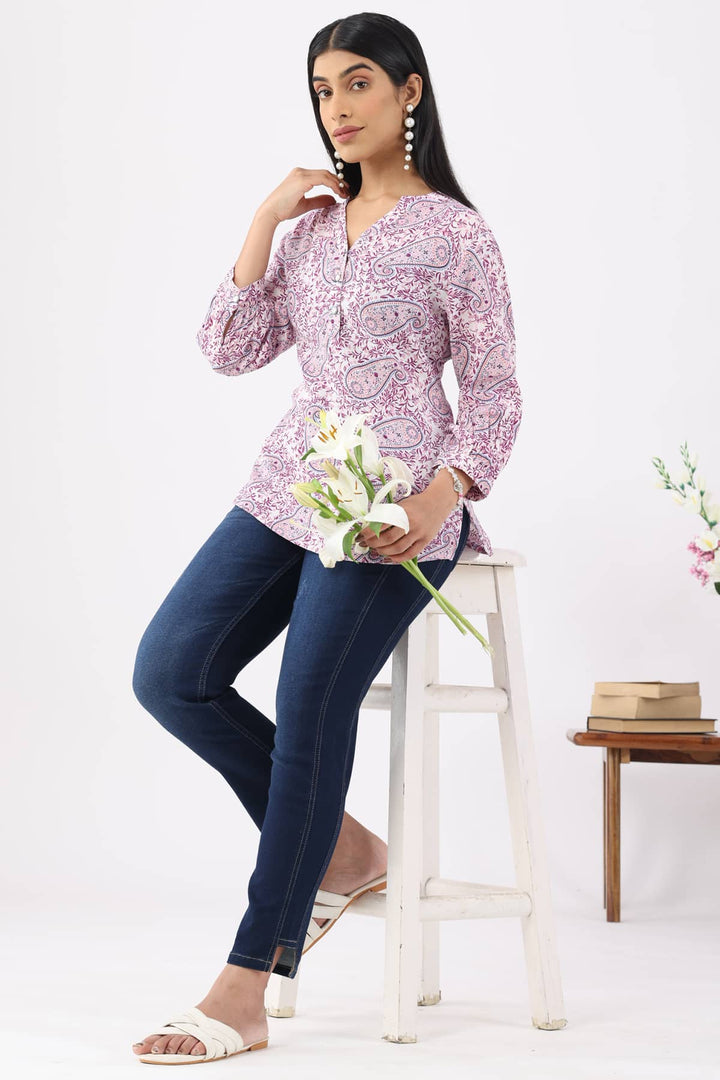 Lavender Printed Rayon Crepe Top with Mandarin Collar