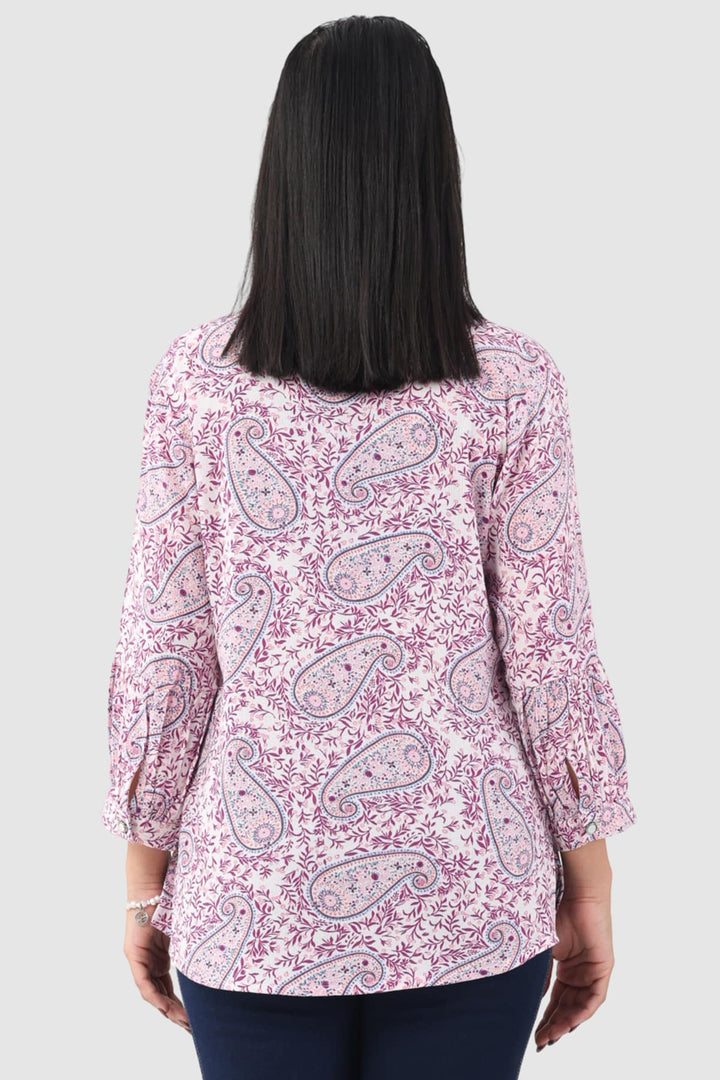 Lavender Printed Rayon Crepe Top with Mandarin Collar