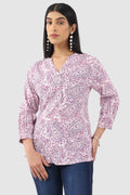 Lavender Printed Rayon Crepe Top with Mandarin Collar