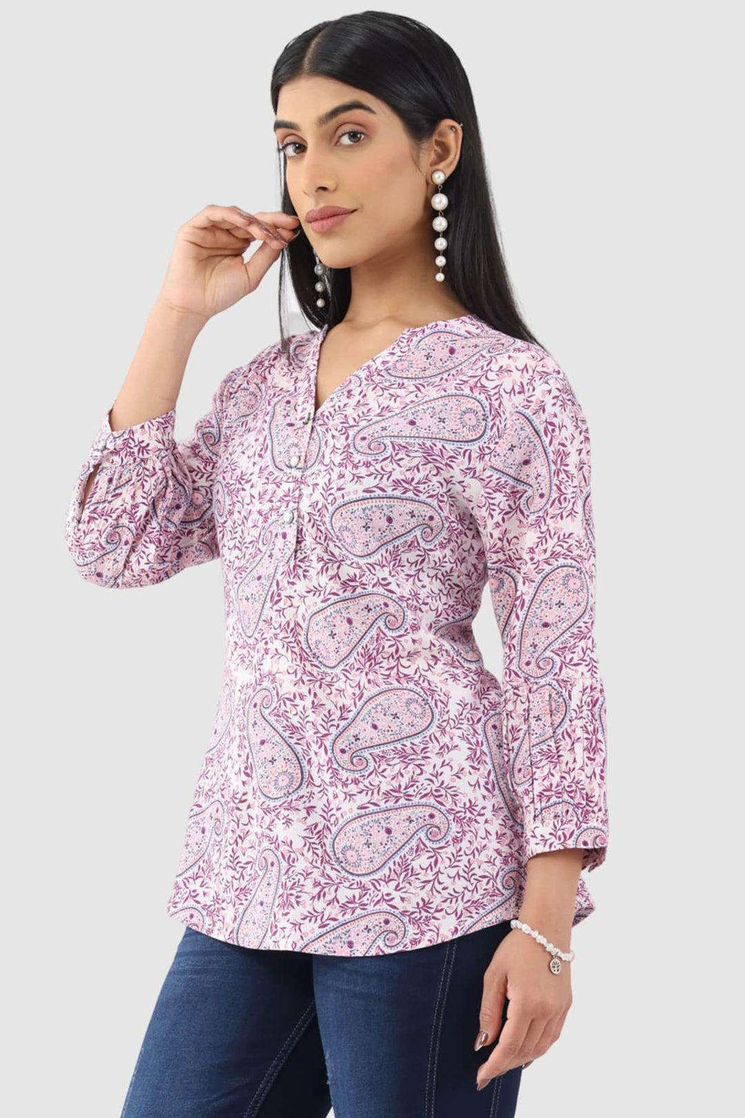 Lavender Printed Rayon Crepe Top with Mandarin Collar