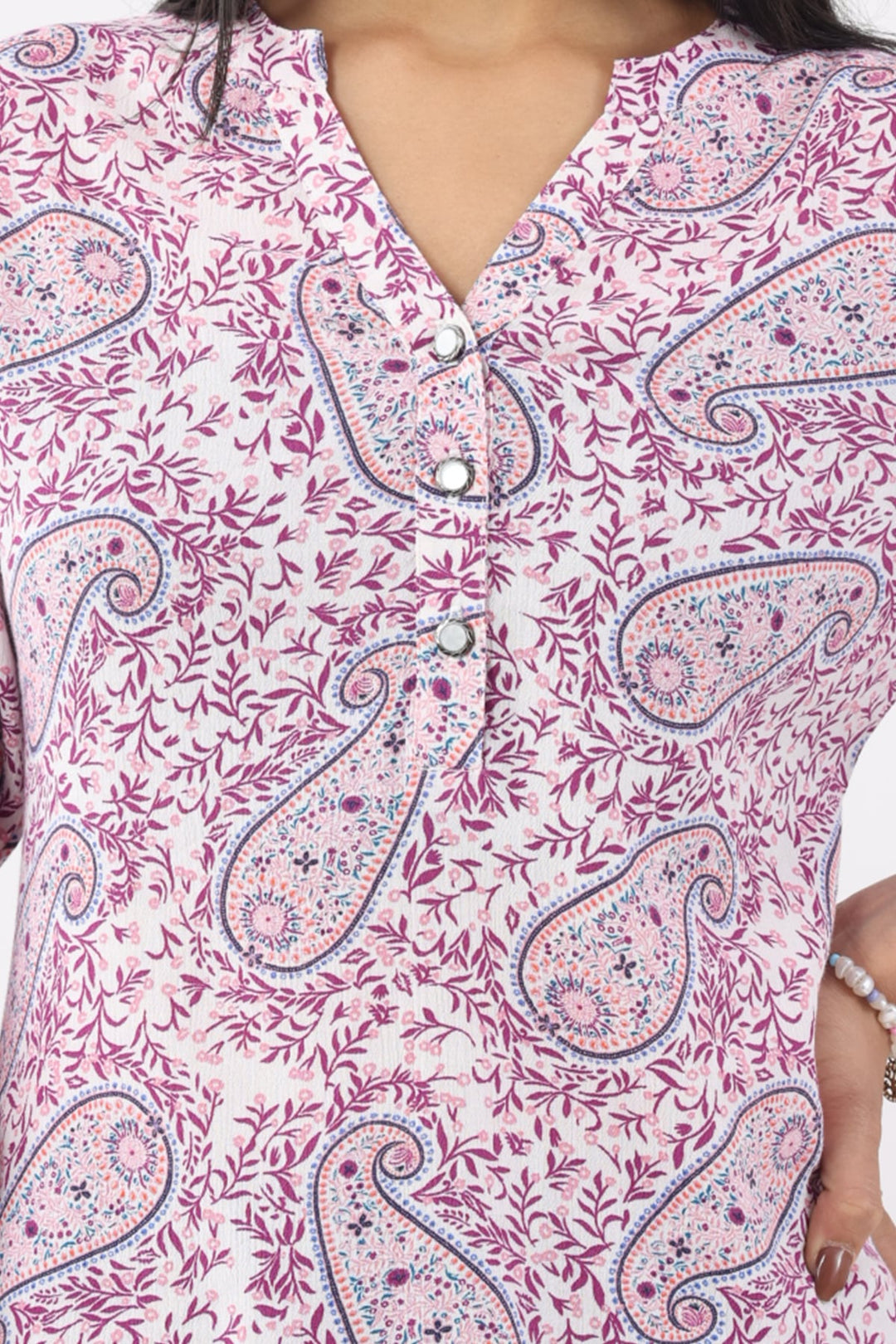 Lavender Printed Rayon Crepe Top with Mandarin Collar