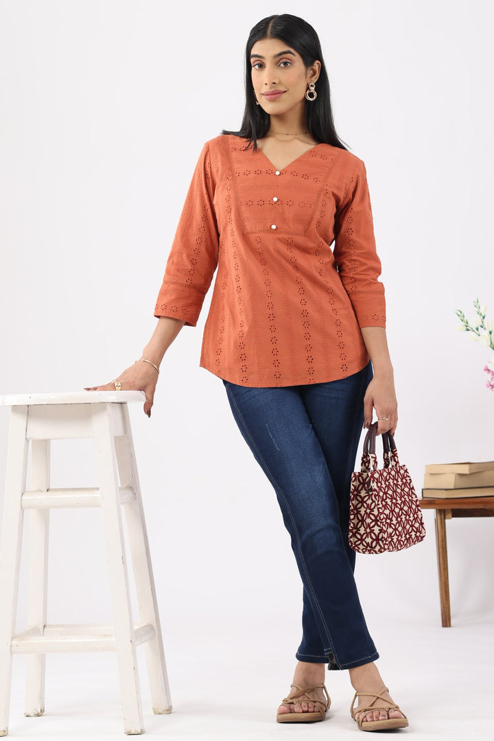 Apricot Schiffli Cotton Top with V-Neck