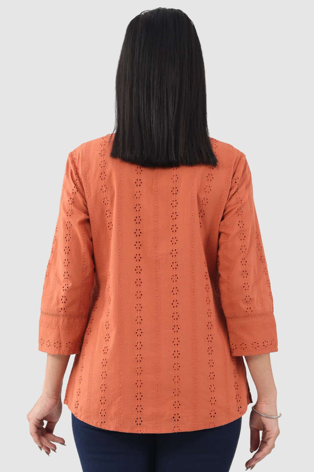 Apricot Schiffli Cotton Top with V-Neck