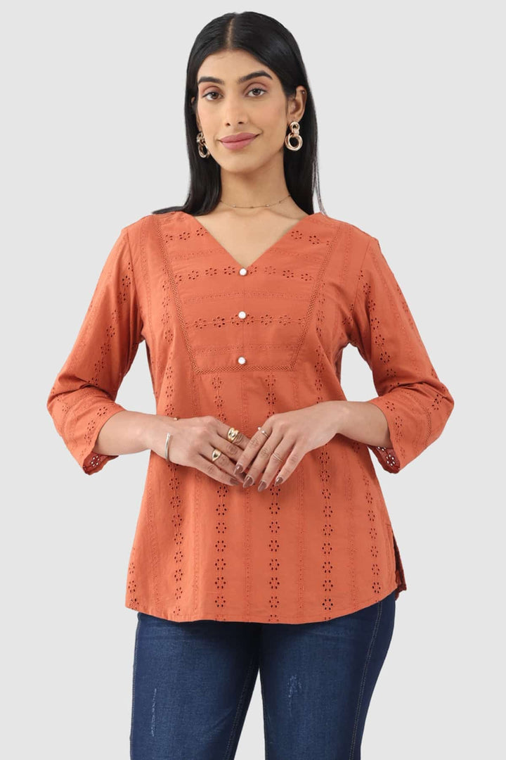 Apricot Schiffli Cotton Top with V-Neck