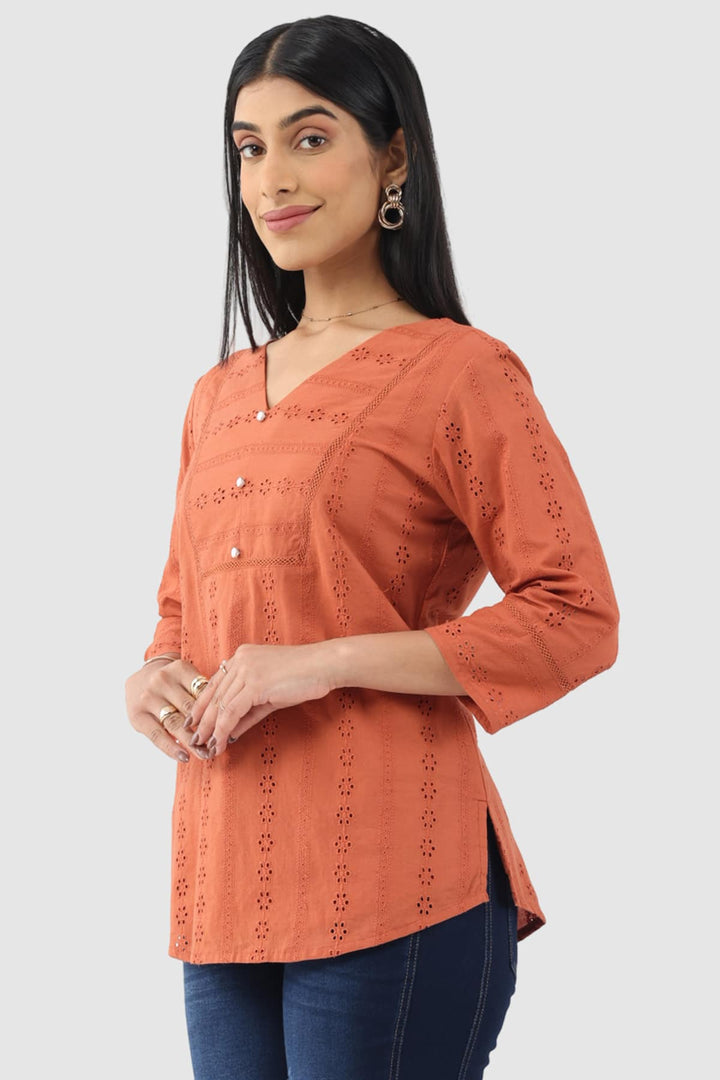 Apricot Schiffli Cotton Top with V-Neck