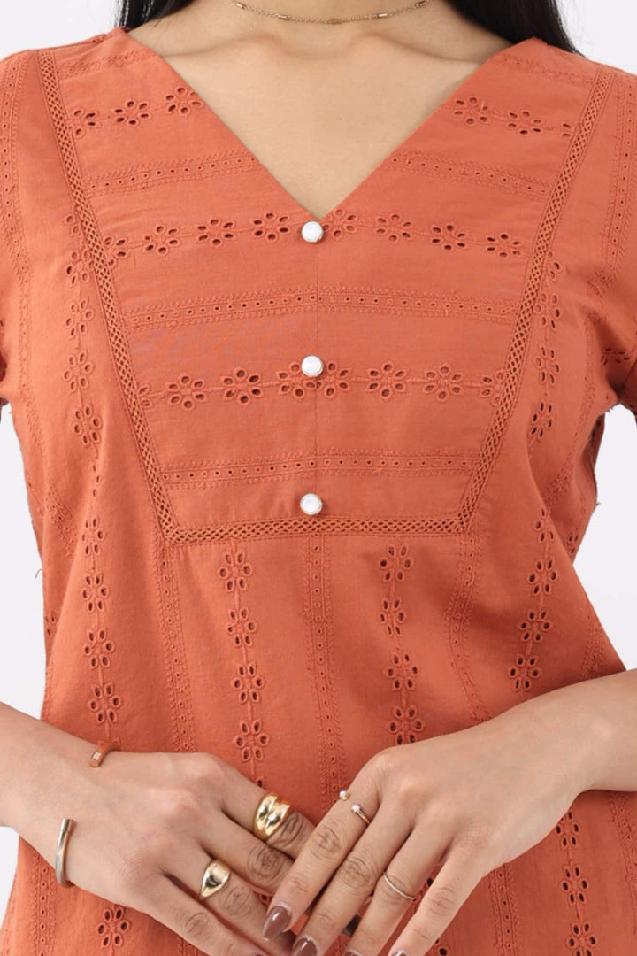 Apricot Schiffli Cotton Top with V-Neck