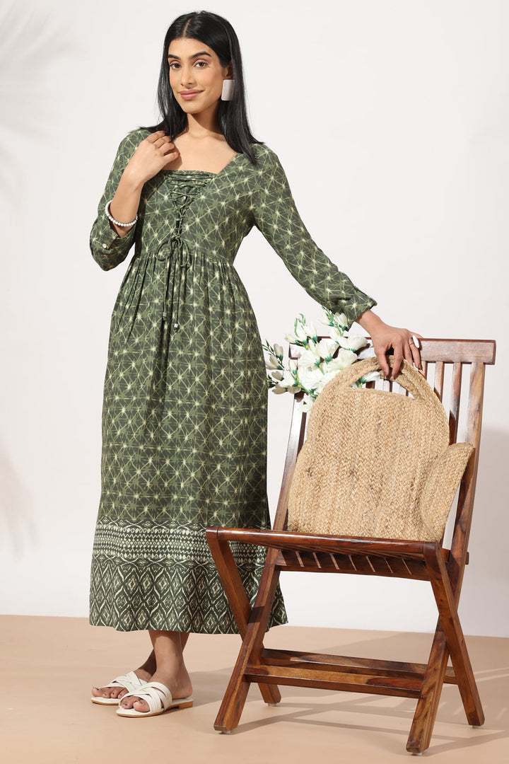 Olive Green Printed Square Neck Rayon Dress