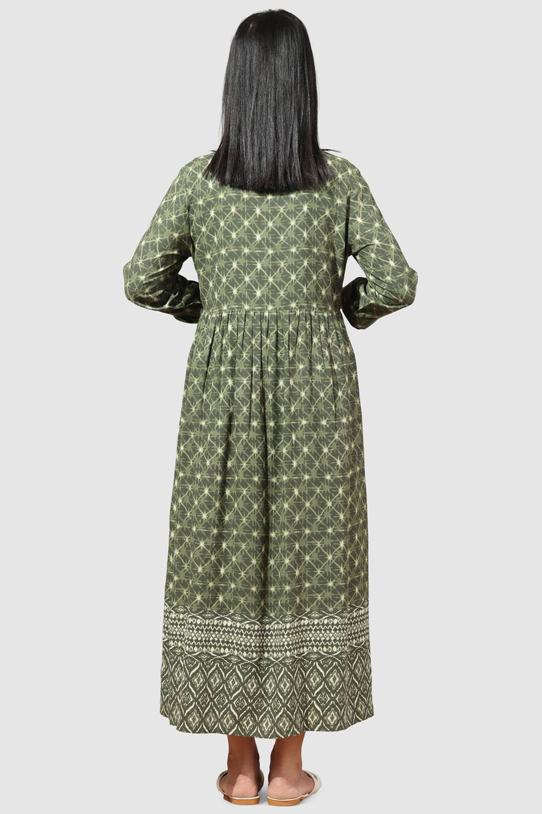 Olive Green Printed Square Neck Rayon Dress