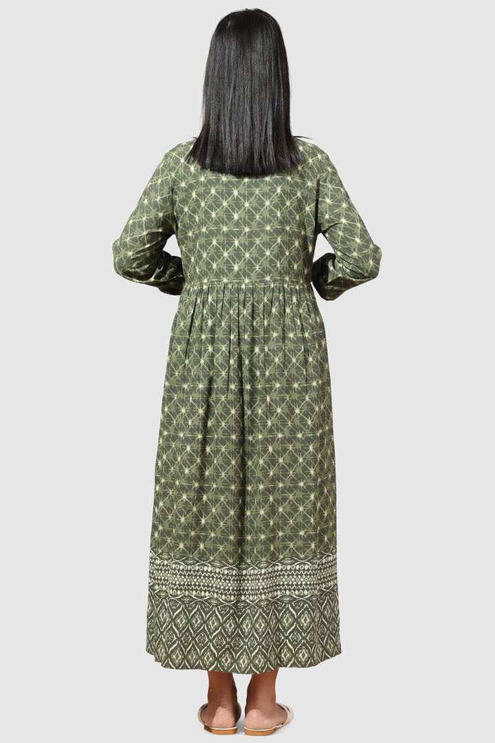 Olive Green Printed Square Neck Rayon Dress