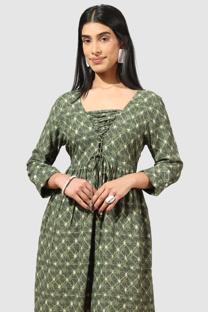 Olive Green Printed Square Neck Rayon Dress