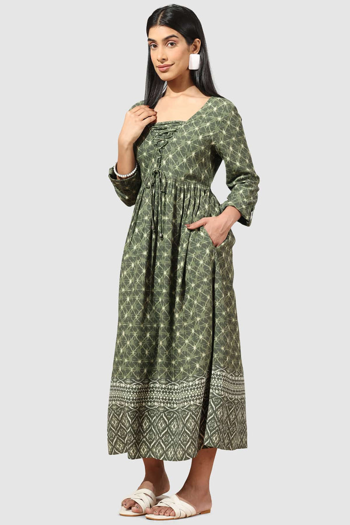 Olive Green Printed Square Neck Rayon Dress