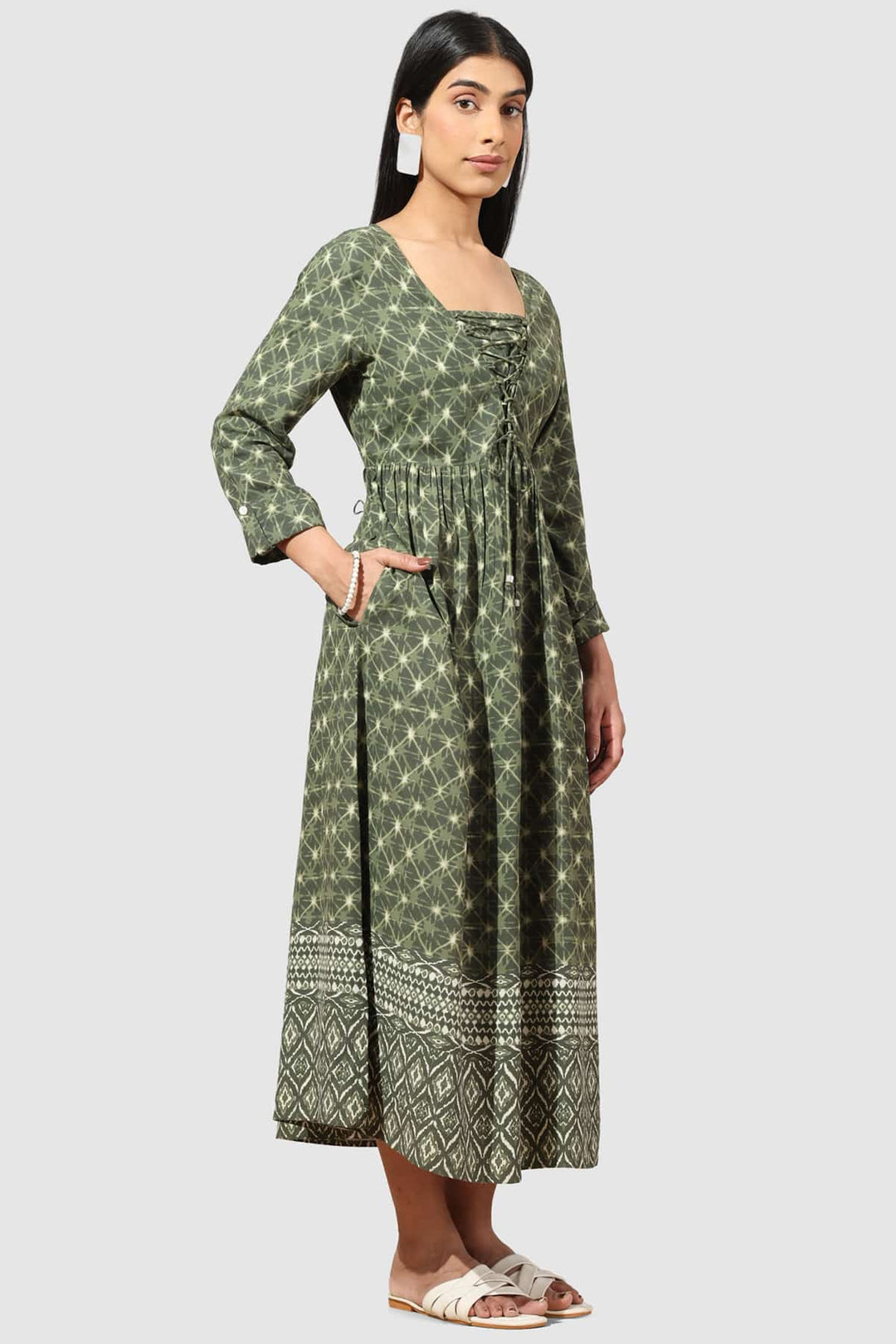 Olive Green Printed Square Neck Rayon Dress