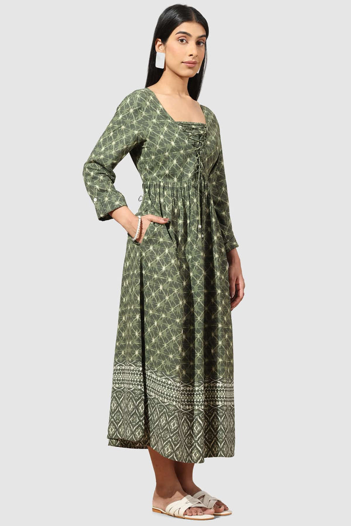 Olive Green Printed Square Neck Rayon Dress