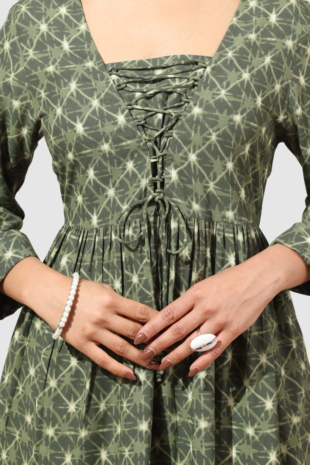 Olive Green Printed Square Neck Rayon Dress