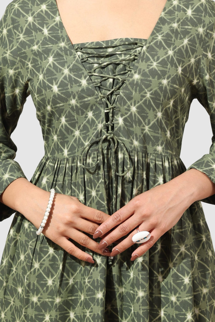 Olive Green Printed Square Neck Rayon Dress