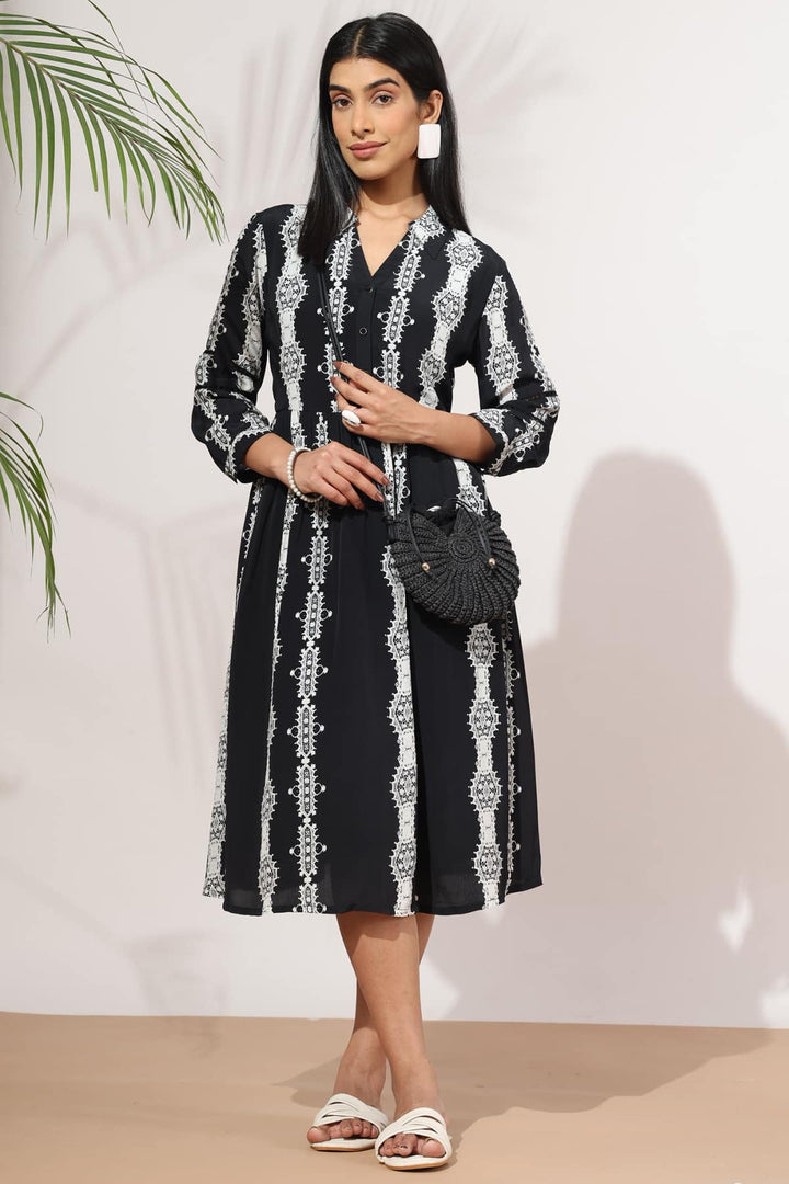 Black Printed Moss Crepe Dress with Collared Neck &amp; 3/4th Sleeves