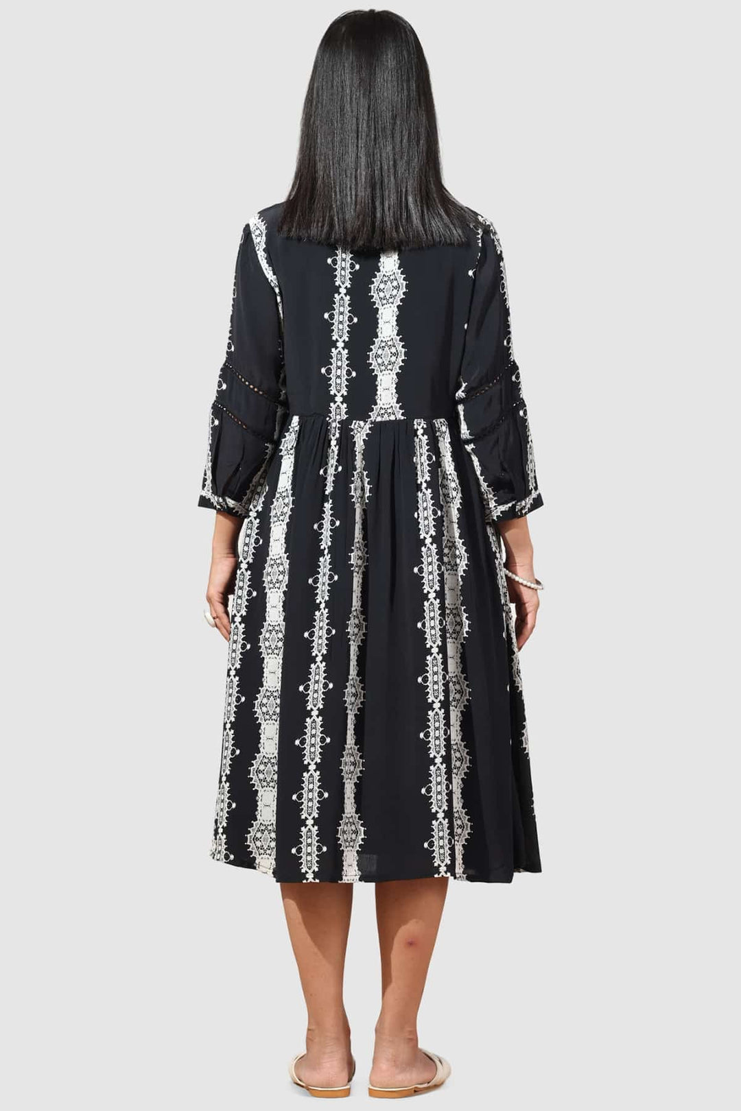 Black Printed Moss Crepe Dress with Collared Neck &amp; 3/4th Sleeves