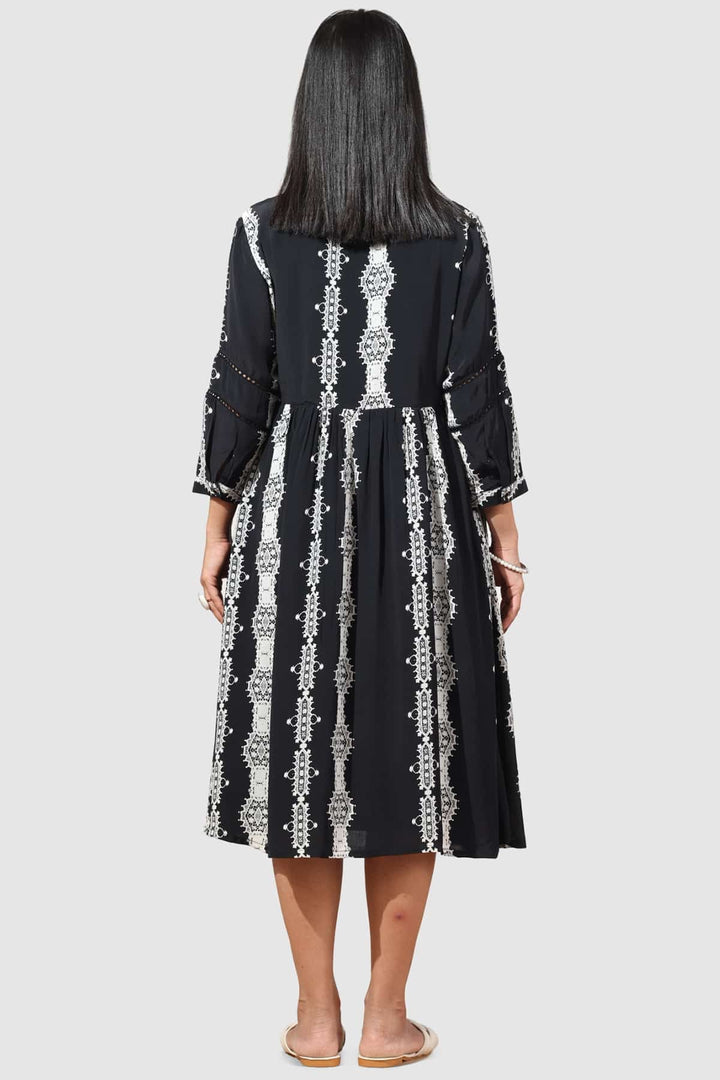 Black Printed Moss Crepe Dress with Collared Neck &amp; 3/4th Sleeves