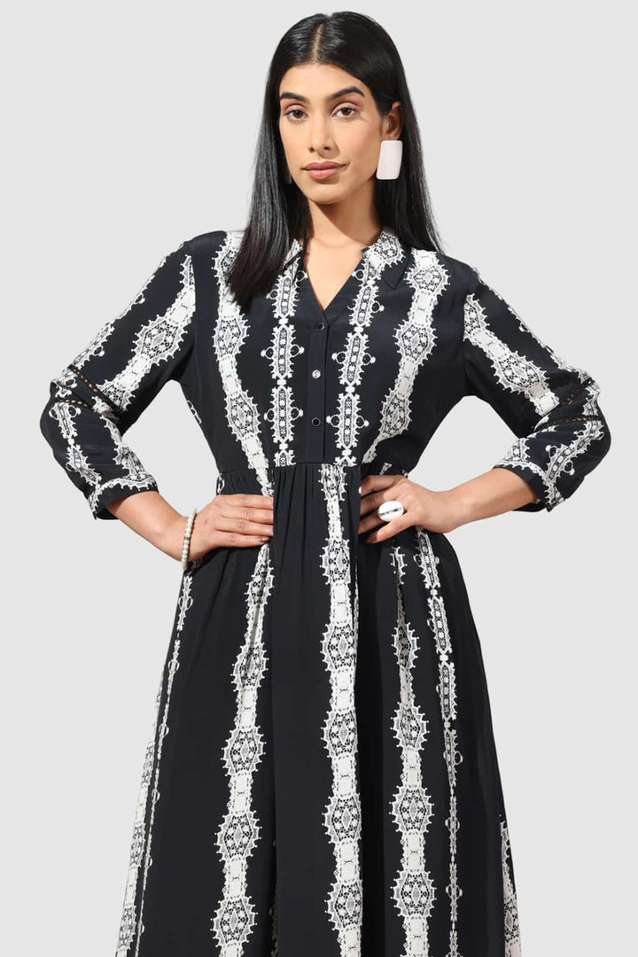 Black Printed Moss Crepe Dress with Collared Neck &amp; 3/4th Sleeves