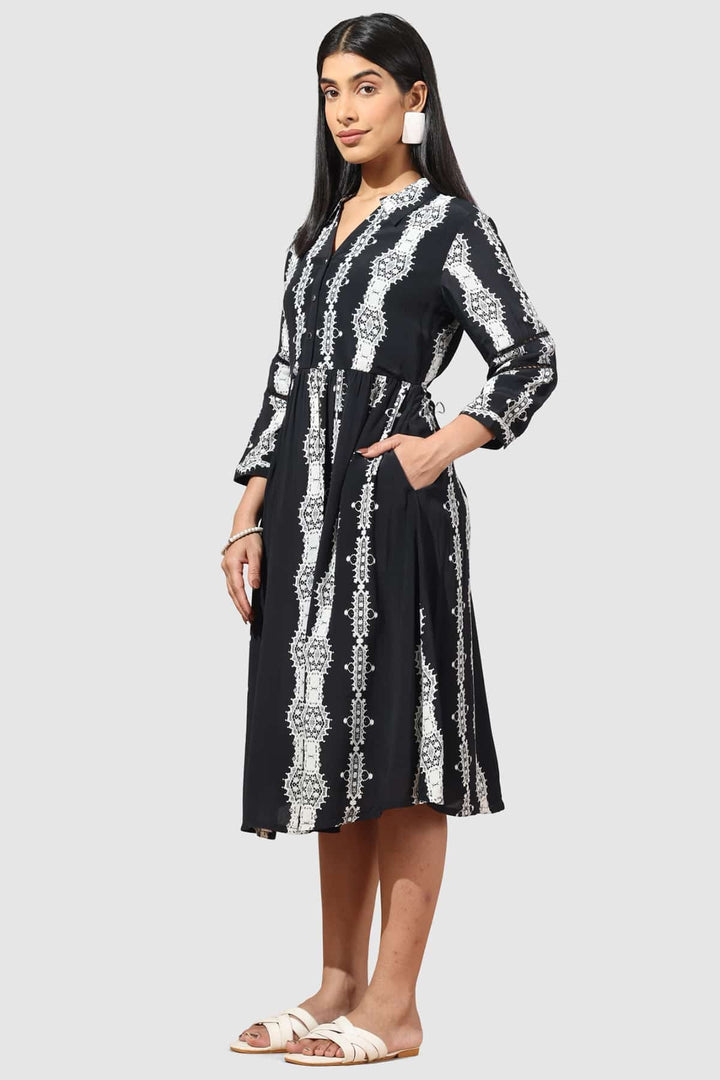 Black Printed Moss Crepe Dress with Collared Neck &amp; 3/4th Sleeves