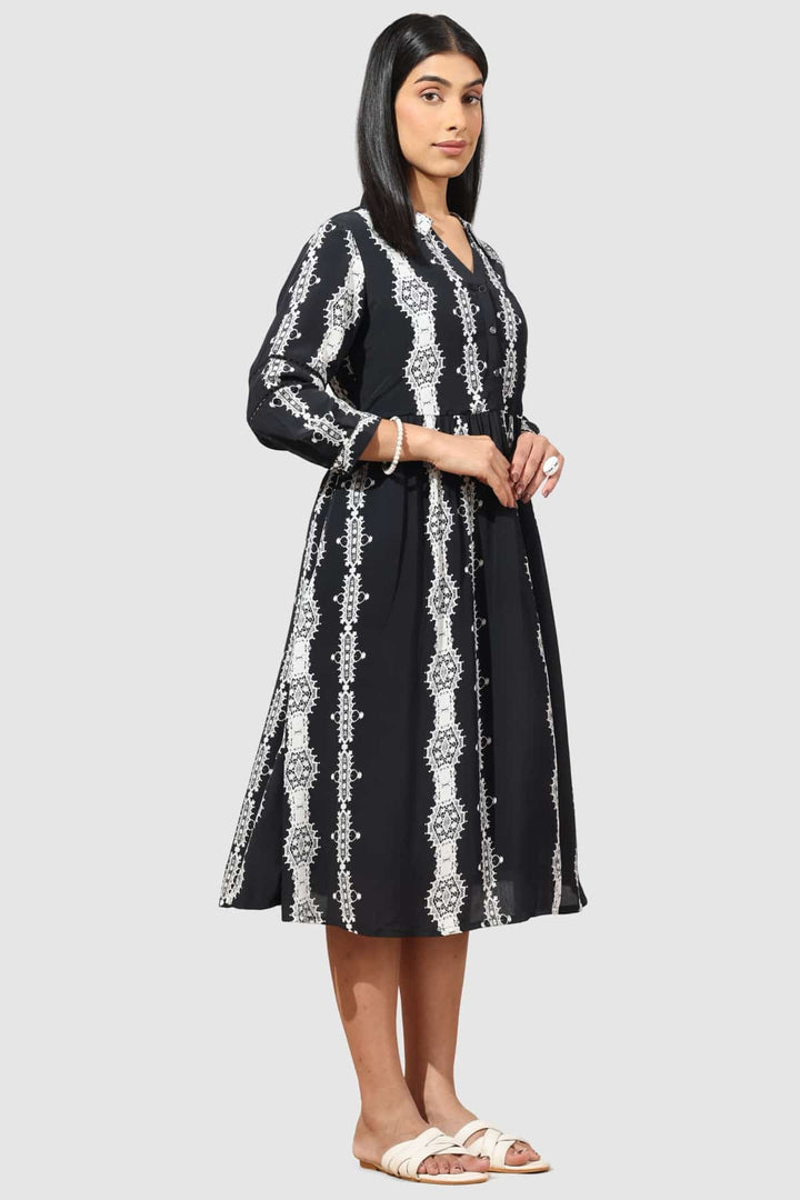 Black Printed Moss Crepe Dress with Collared Neck &amp; 3/4th Sleeves