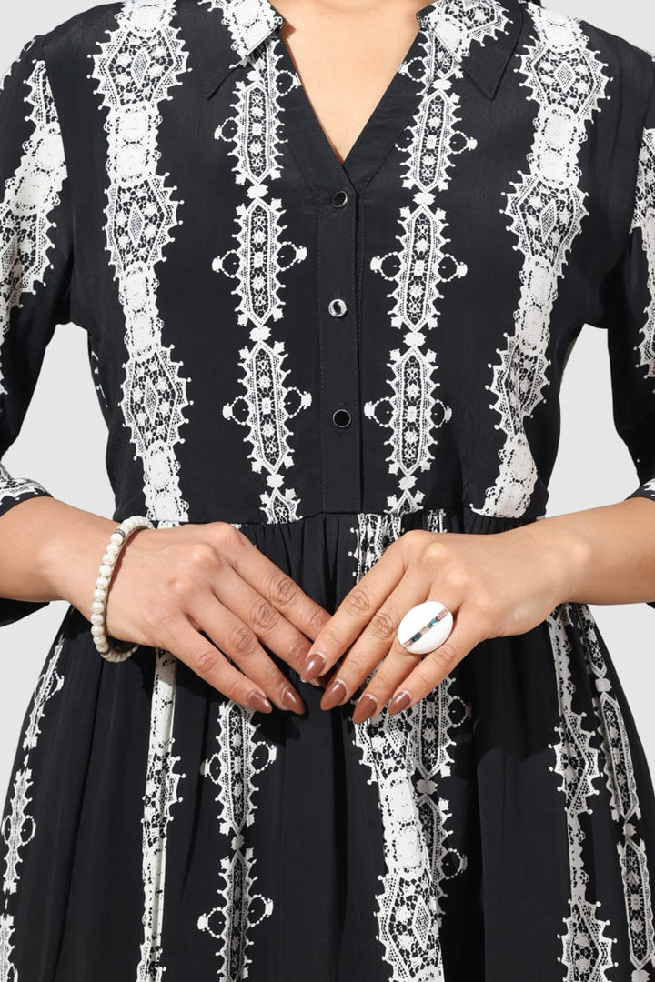 Black Printed Moss Crepe Dress with Collared Neck &amp; 3/4th Sleeves