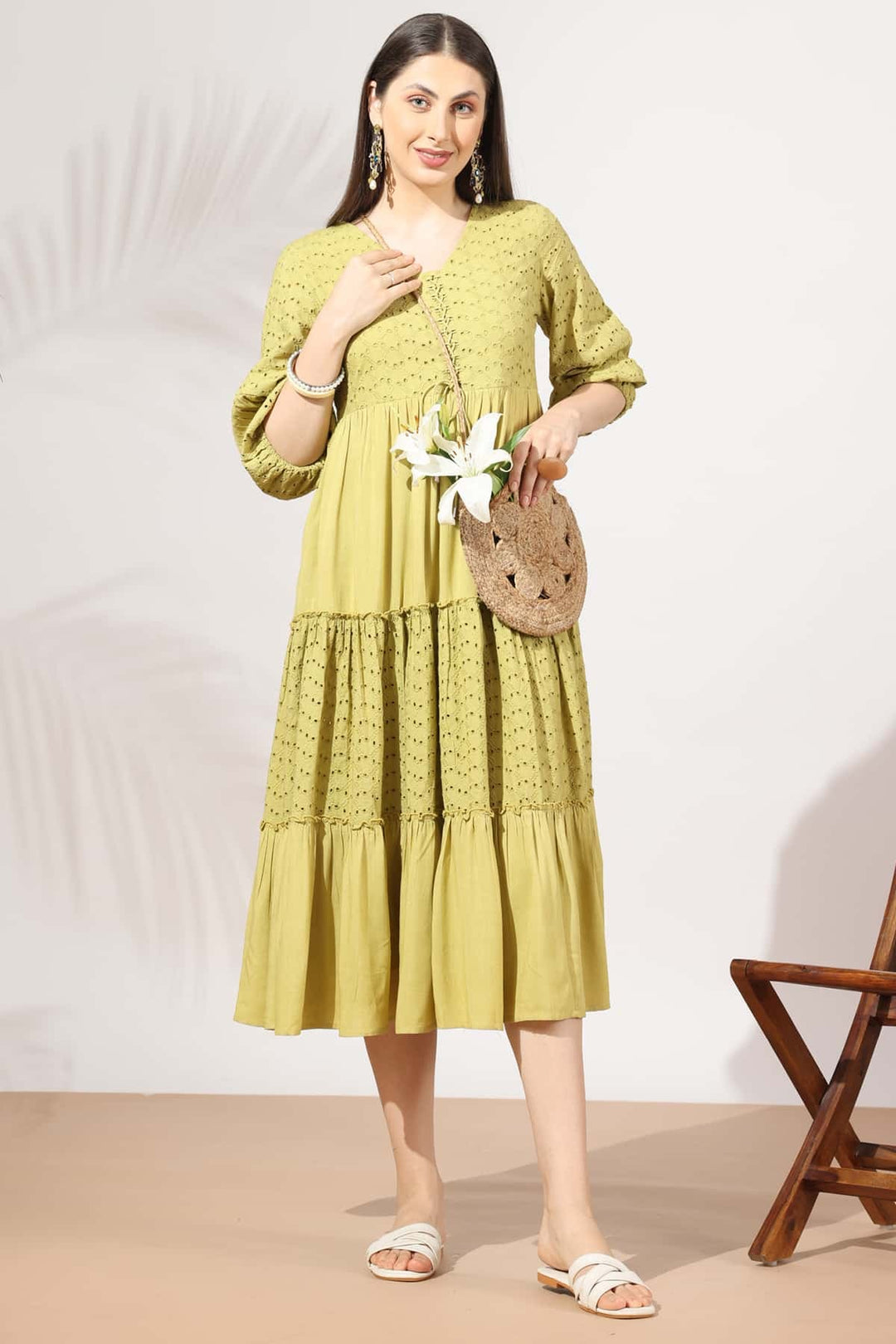 Yellow Schiffli Embroidered Dress with V Neck &amp; 3/4th Sleeves