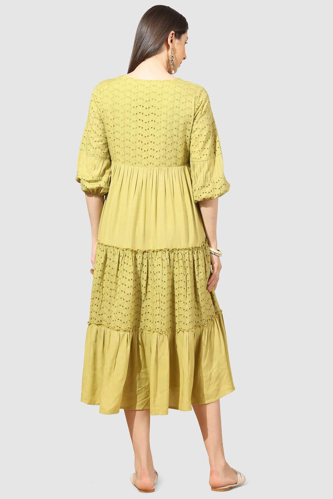 Yellow Schiffli Embroidered Dress with V Neck &amp; 3/4th Sleeves
