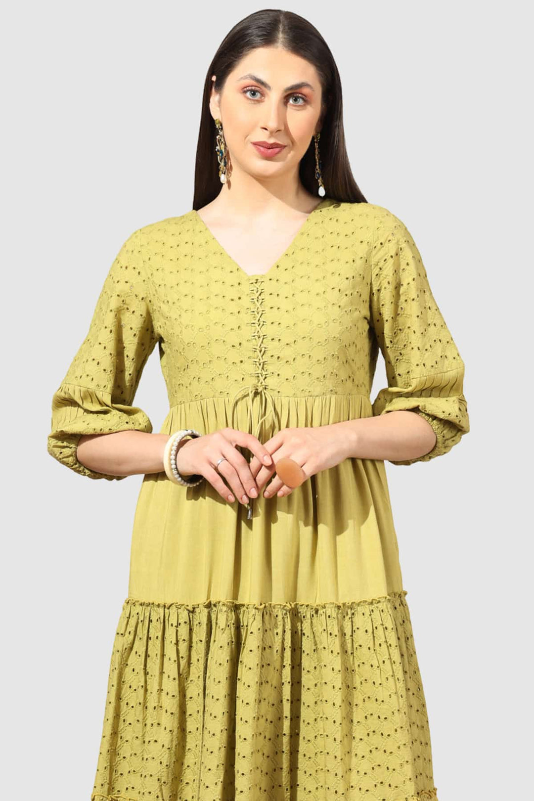 Yellow Schiffli Embroidered Dress with V Neck &amp; 3/4th Sleeves