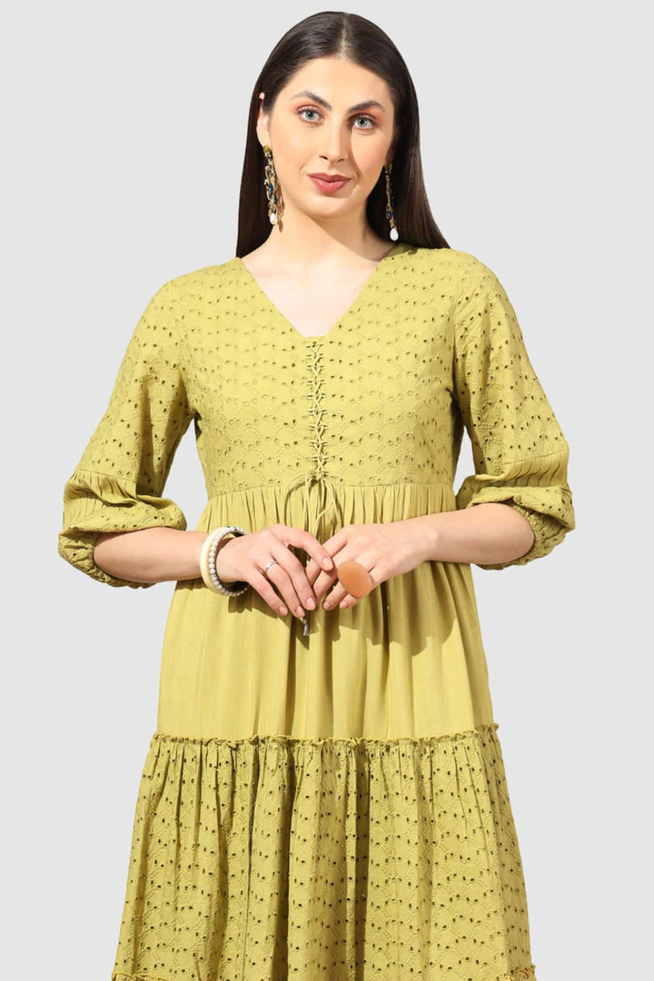 Yellow Schiffli Embroidered Dress with V Neck &amp; 3/4th Sleeves