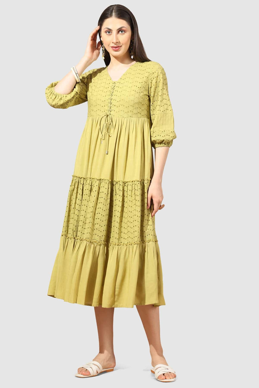 Yellow Schiffli Embroidered Dress with V Neck &amp; 3/4th Sleeves
