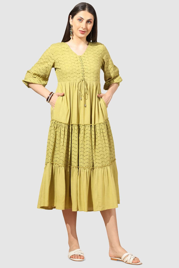 Yellow Schiffli Embroidered Dress with V Neck &amp; 3/4th Sleeves