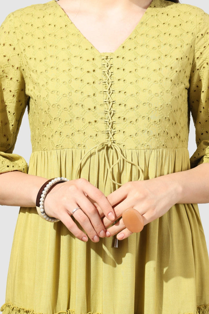Yellow Schiffli Embroidered Dress with V Neck &amp; 3/4th Sleeves
