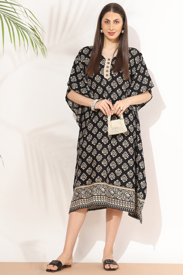 Black &amp; Beige Printed Rayon Kaftan with V-Neck