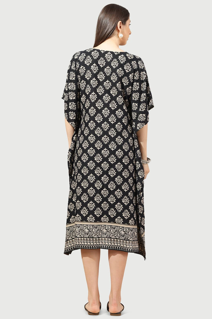 Black &amp; Beige Printed Rayon Kaftan with V-Neck