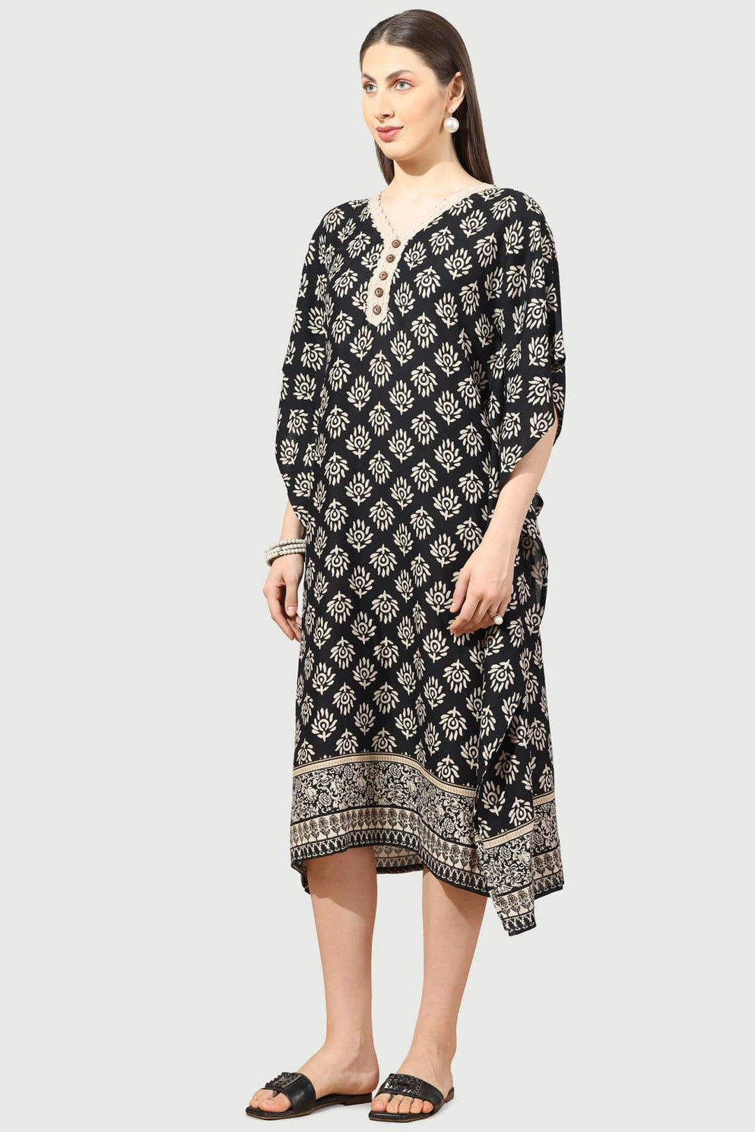 Black &amp; Beige Printed Rayon Kaftan with V-Neck