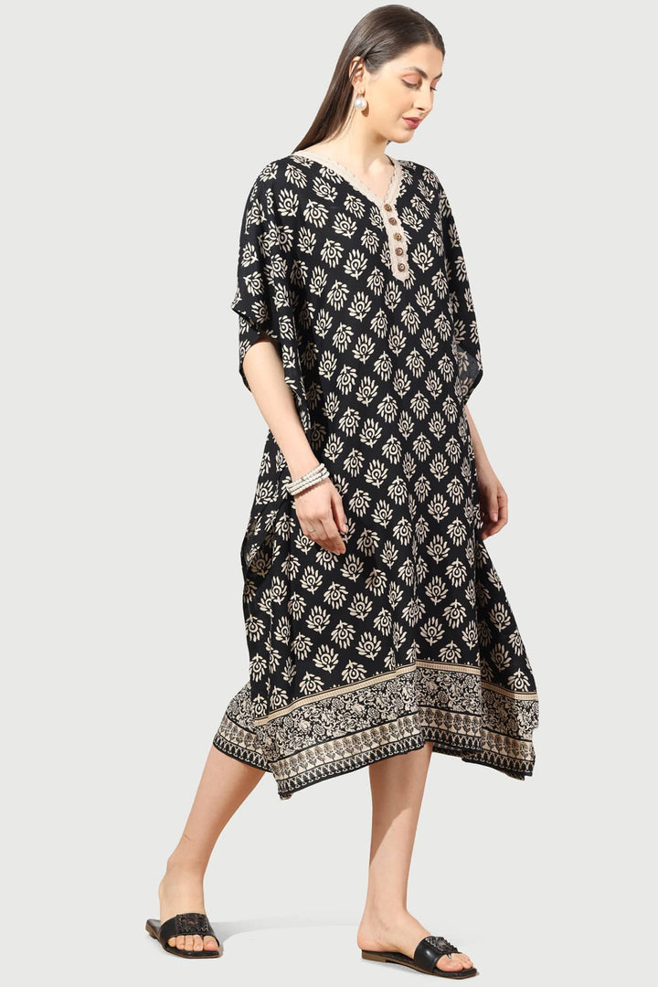 Black &amp; Beige Printed Rayon Kaftan with V-Neck