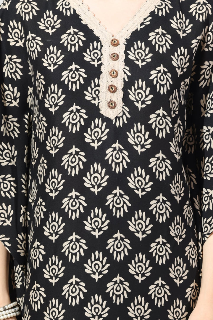 Black &amp; Beige Printed Rayon Kaftan with V-Neck