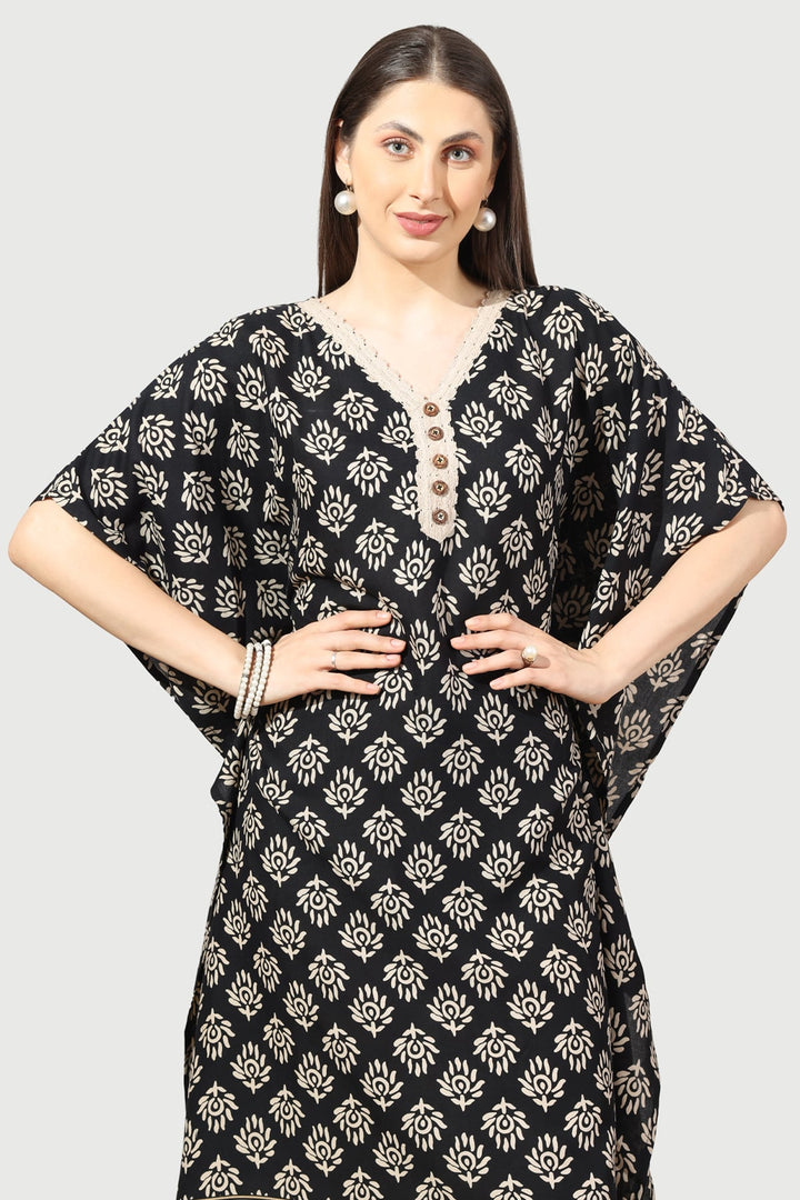 Black &amp; Beige Printed Rayon Kaftan with V-Neck