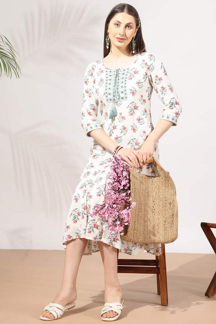 White Embroidered Rayon Crepe Dress with Round Neck