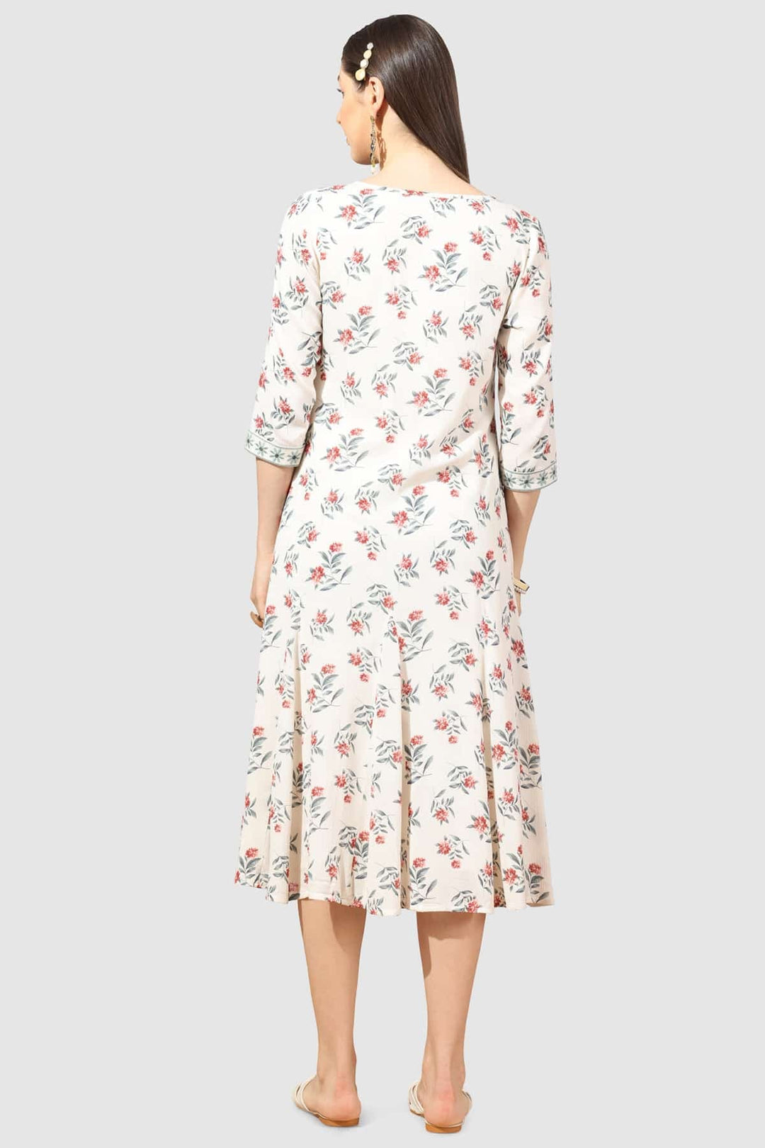 White Embroidered Rayon Crepe Dress with Round Neck
