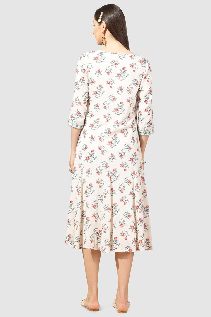 White Embroidered Rayon Crepe Dress with Round Neck