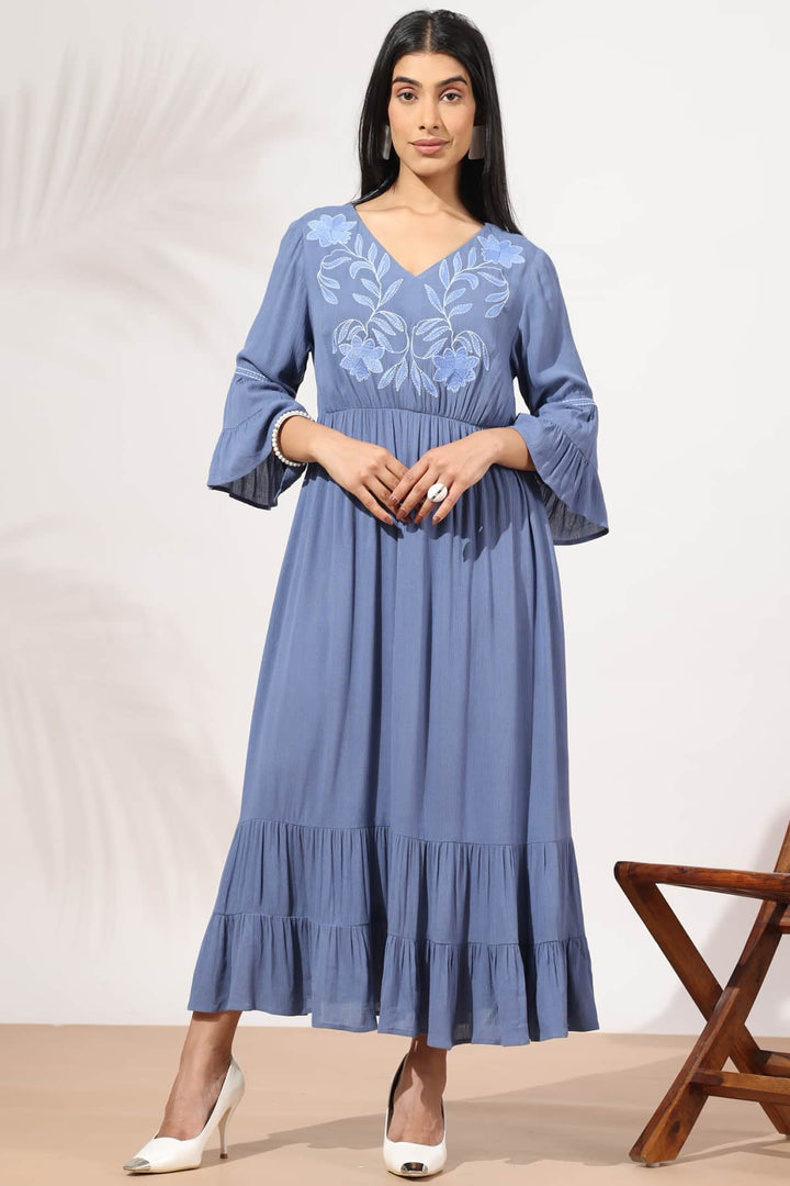 Embroidered Blue Rayon Crepe Casual Dress with V-Neck